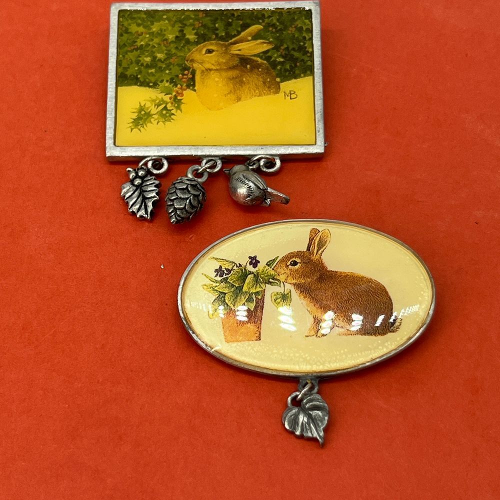 Marjolein Bastin Bunny Rabbit Nature Brooch Pin‎ Set Silver Woodland Charms VTG